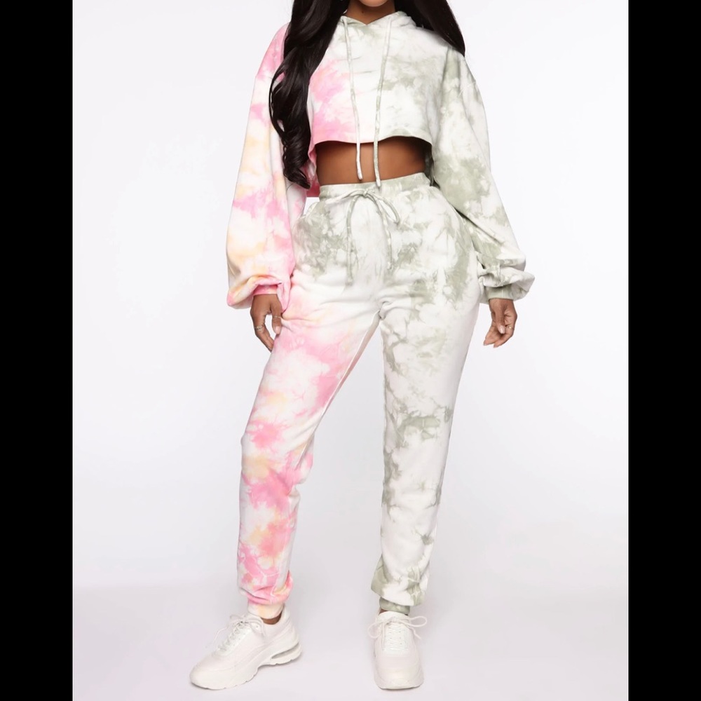 FASHION NOVA Tie Dye White Hoodie & Jogger Set